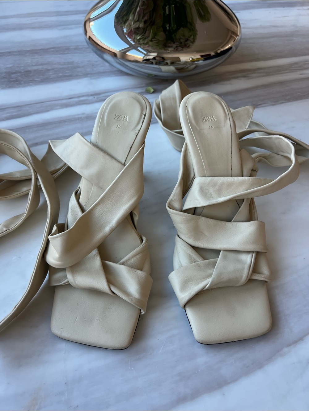 Zara Cream Wrap-Strap Square-Toe Heels